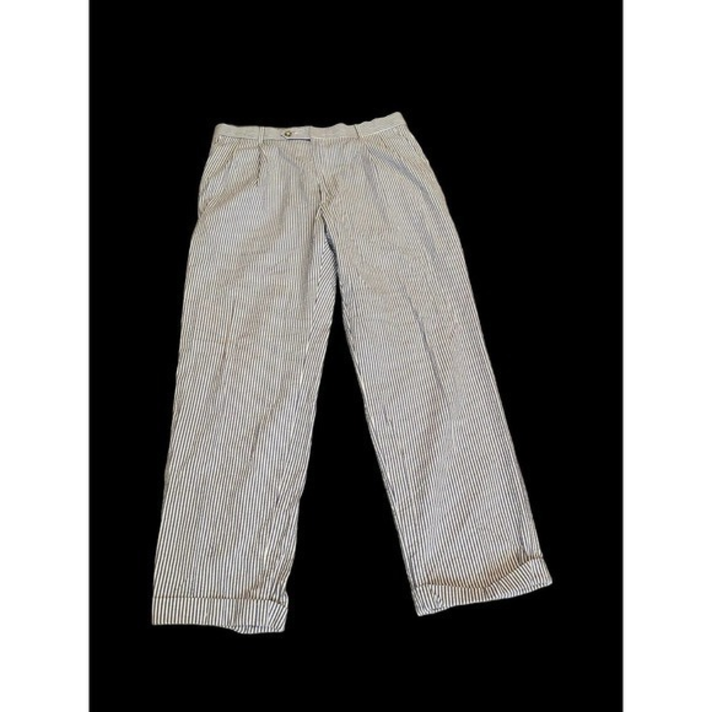 Berle Blue White Seersucker Pants Pleated Cuffed 36R Cotton 29” inseam‎